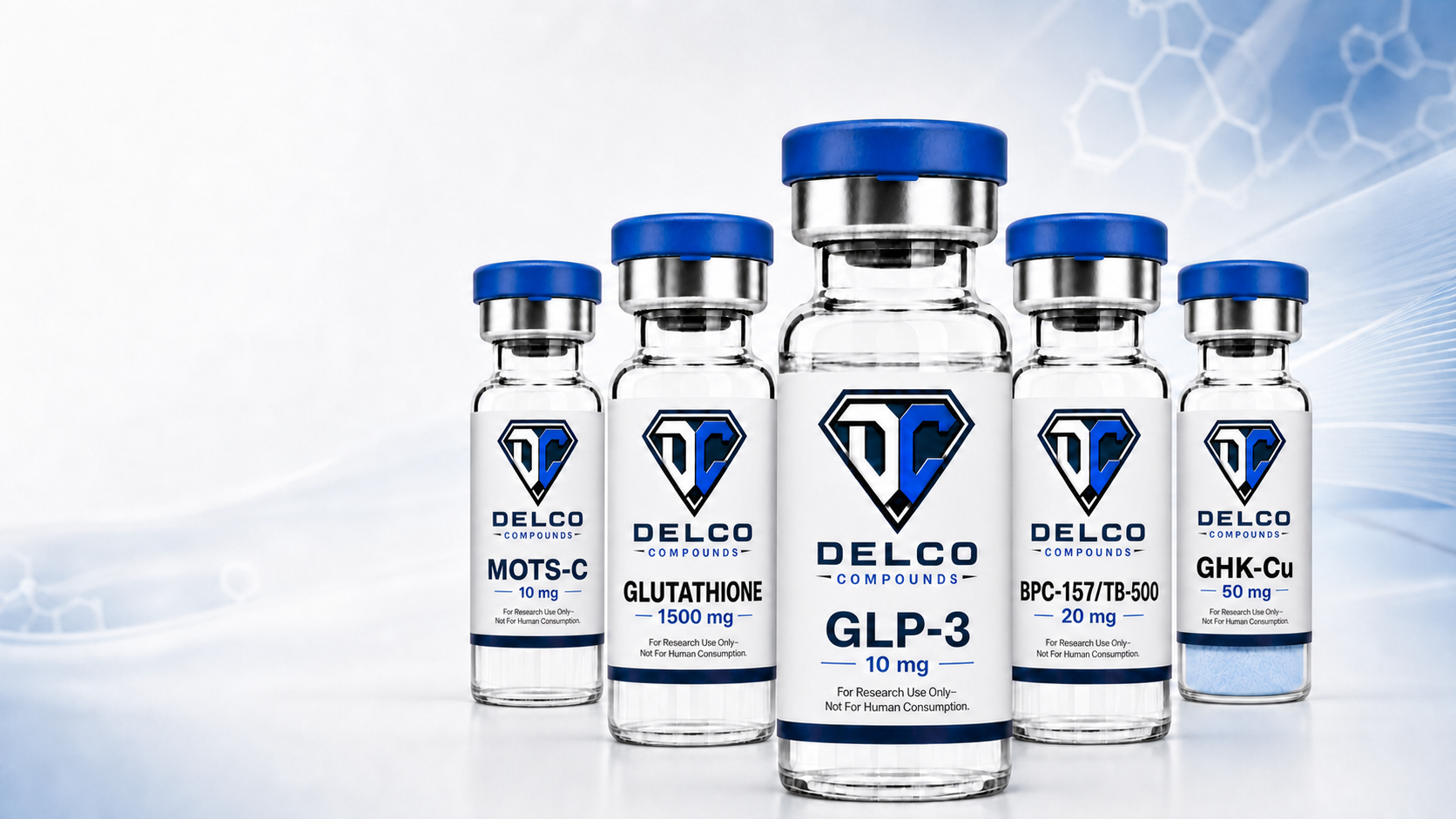 Delco Compounds banner showing multiple vial products